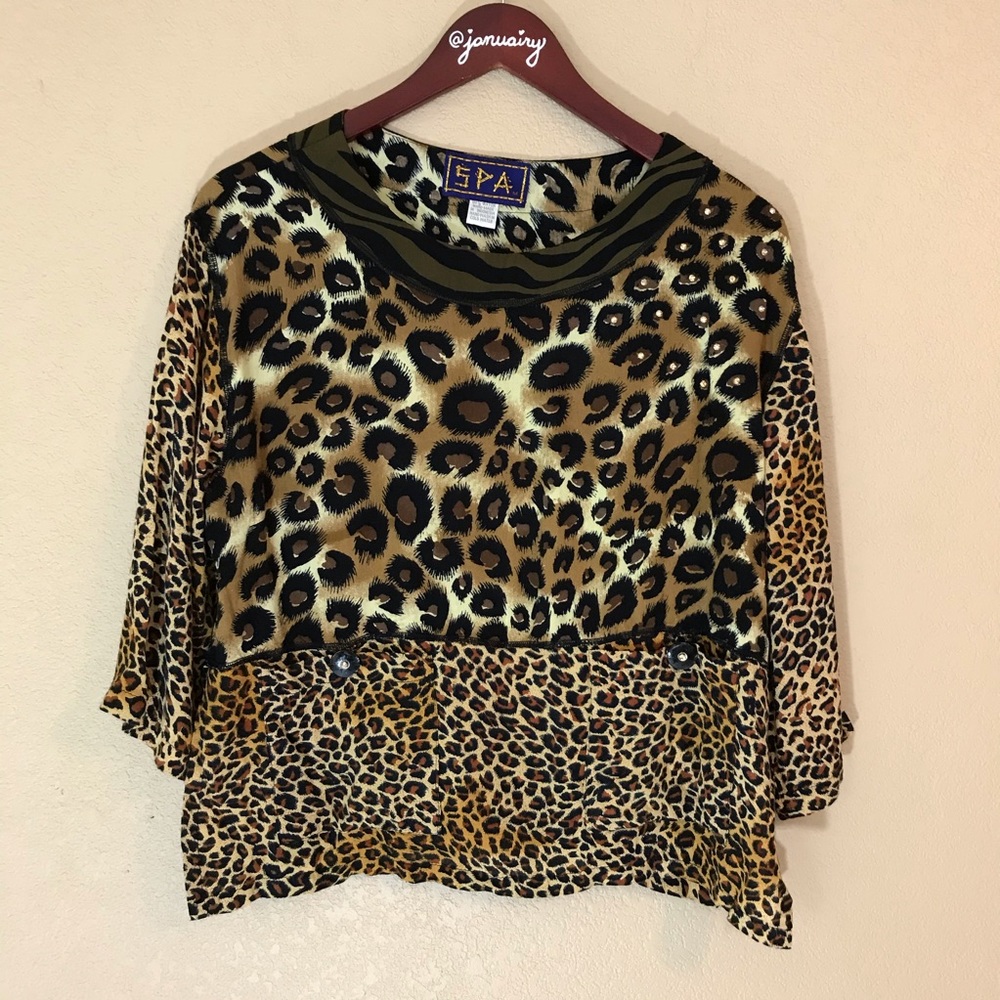 Animal Print Jeweled Patchwork Blouse Euc Unique - image 1